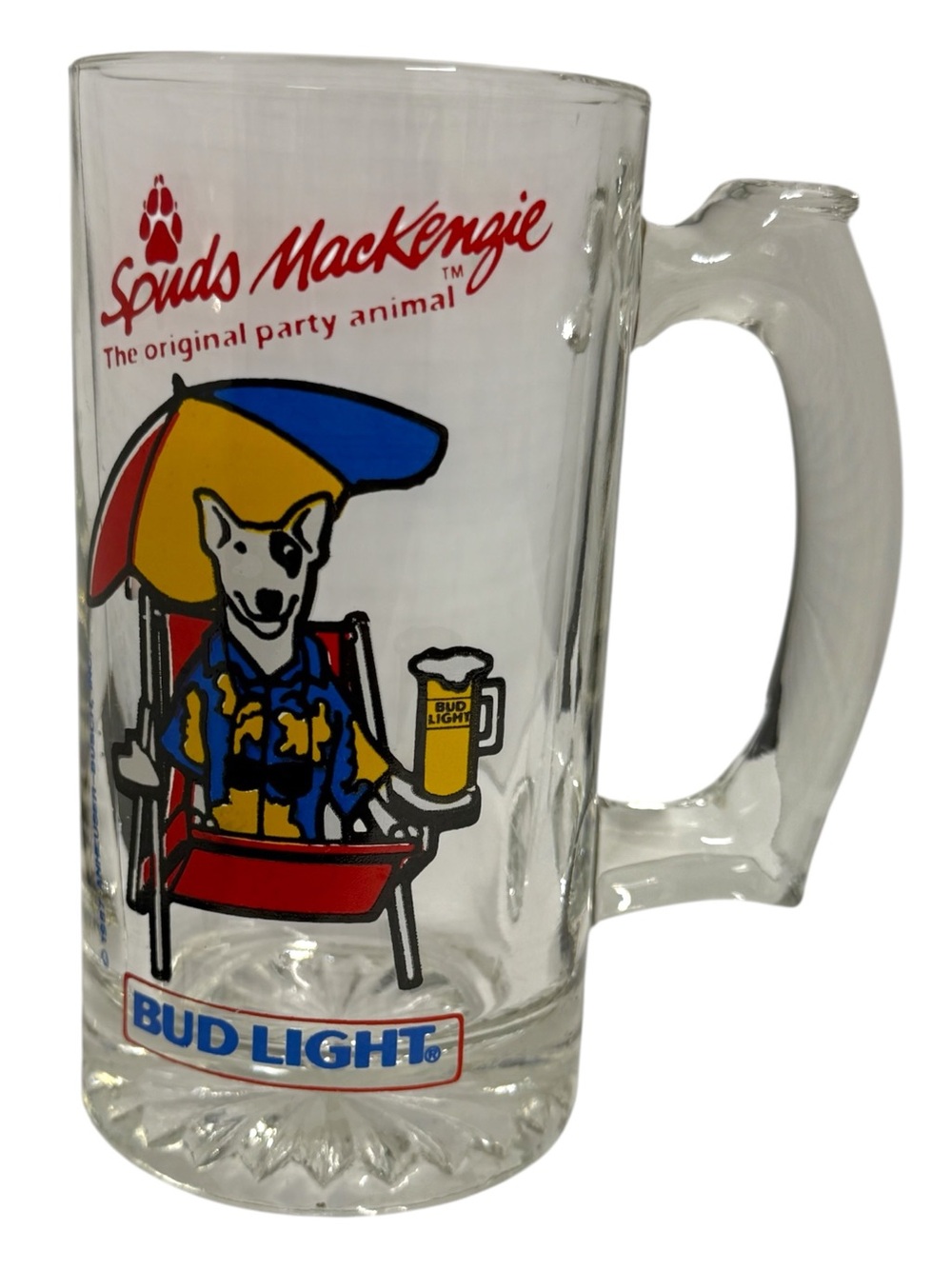 VTG 1987 Spuds MacKenzie Bud Light Clear Glass Beer Mug